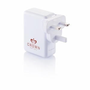 An image of white Promotional Travel Plug With 4 USB Ports - Sample