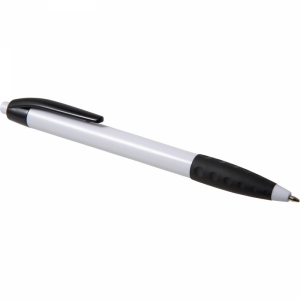 An image of Plastic ballpen with a black clip and rubber grip