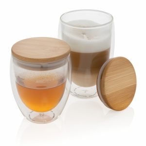 An image of Double Wall Borosilicate Glass With Bamboo Lid 250ml 2pc Set