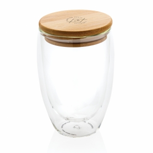 An image of Double Wall Borosilicate Glass With Bamboo Lid 350ml