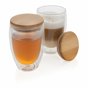 An image of Logo Double Wall Borosilicate Glass With Bamboo Lid 350ml 2pc Set