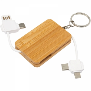 An image of Printed Reel 6-in-1 Retractable Bamboo Key Ring Charging Cable - Sample