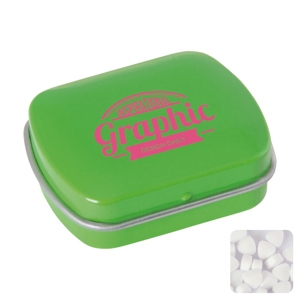 An image of Logo Small flat hinged tin with sugar free mints - Sample