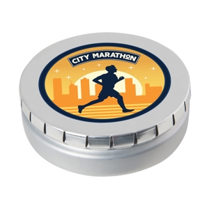 An image of Logo Large round click tin with dextrose mints. 75mm dia - Sample