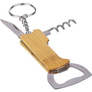 An image of Branded Bamboo bottle opener corkscrew keyring